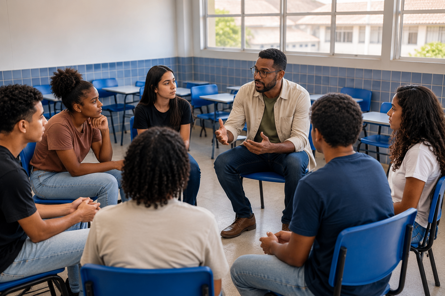 Roda de conversa e escuta coletiva como prática de prevenção e reconstrução de vínculos.