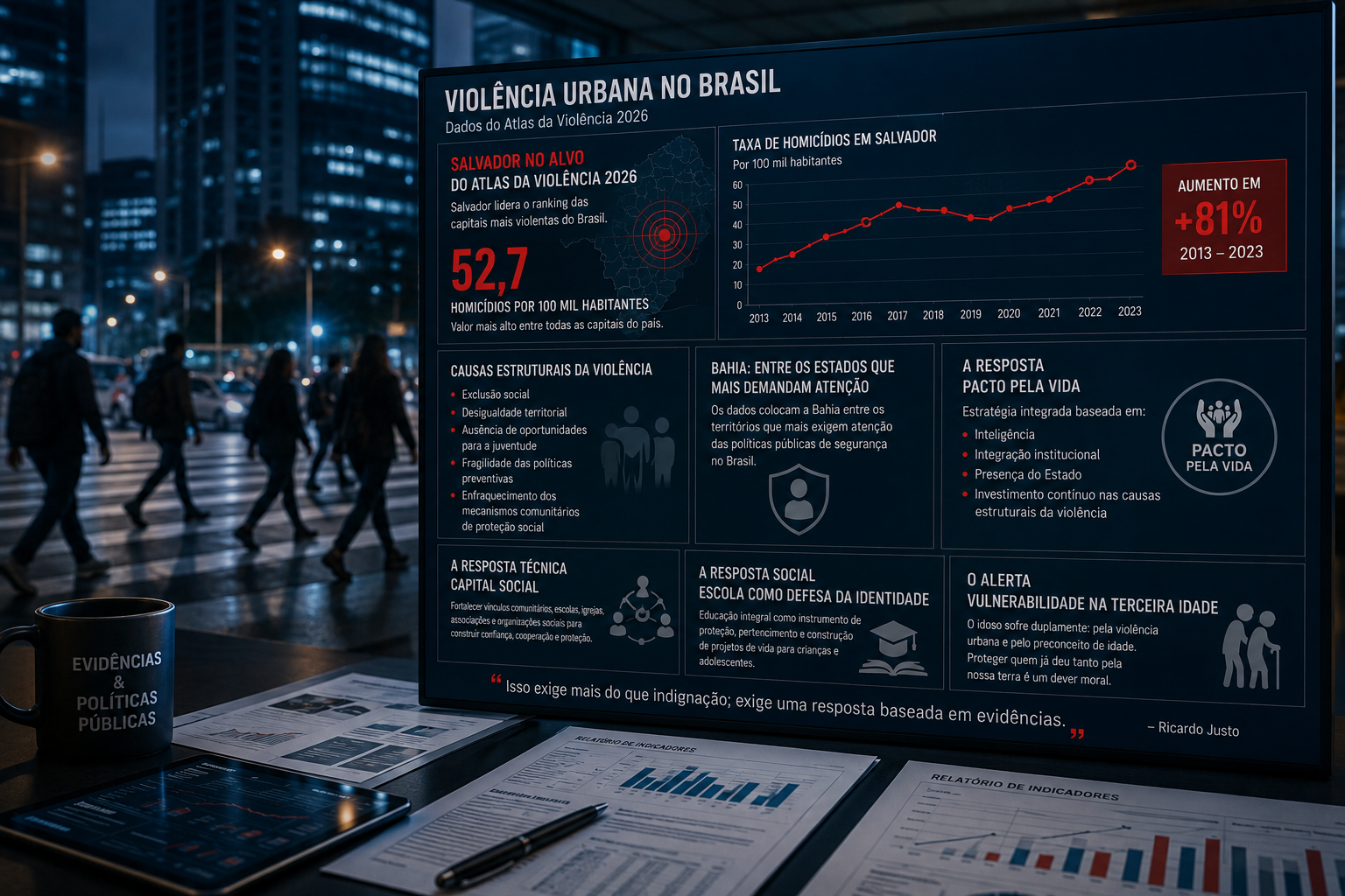 Painel com indicadores do Atlas da Violência 2026.