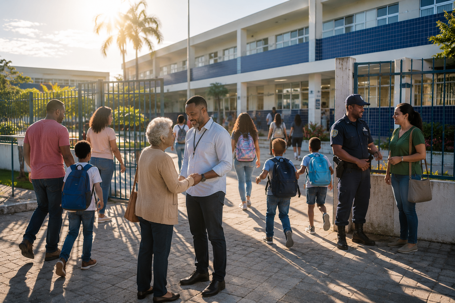 Comunidade escolar, famílias e agentes públicos no entorno da escola em Maracás.